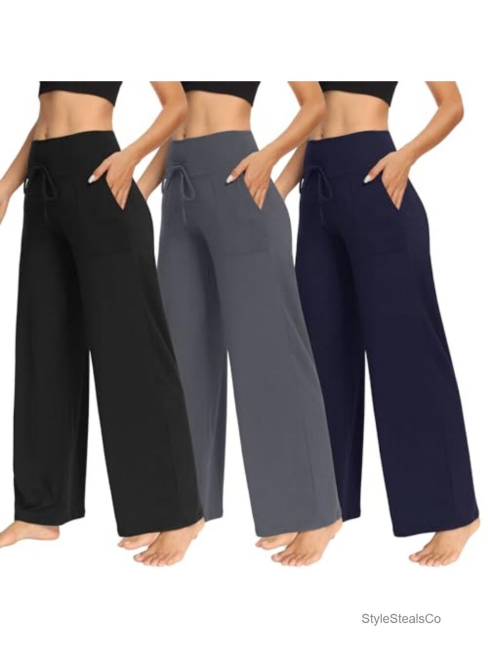 3 Pack Wide Leg Pants with Pockets - High Waisted Yoga Lounge Sweatpants